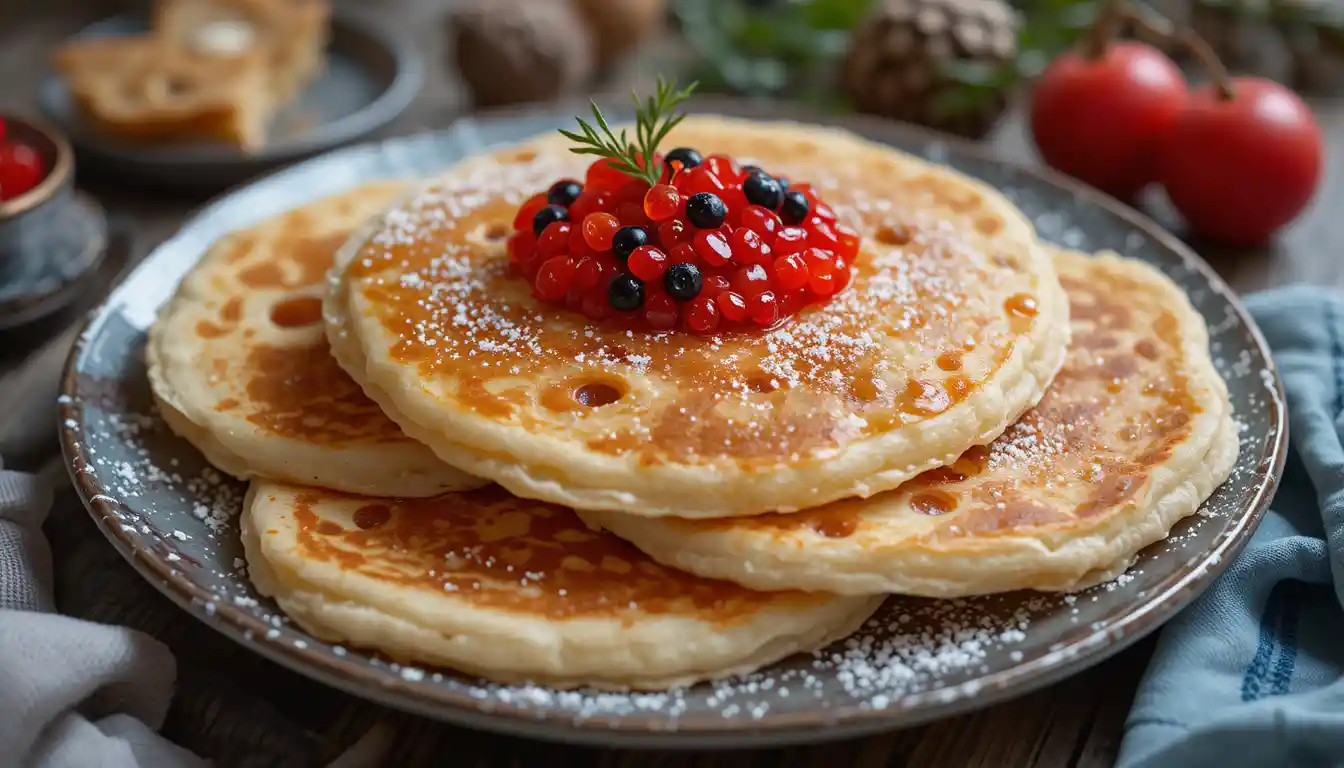 Prato de panquecas cobertas com caviar vermelho e preto