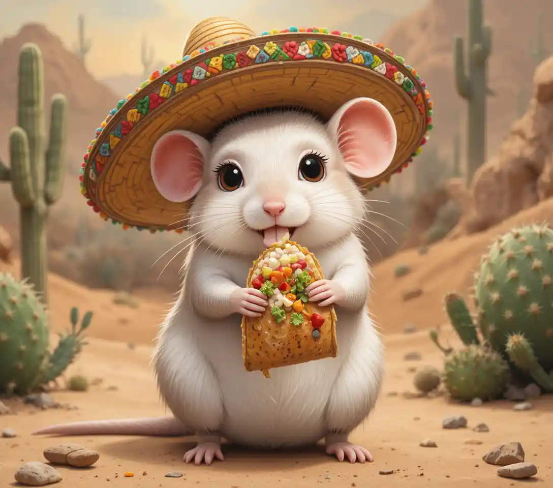 Rato mexicano fofo comendo um taco no deserto