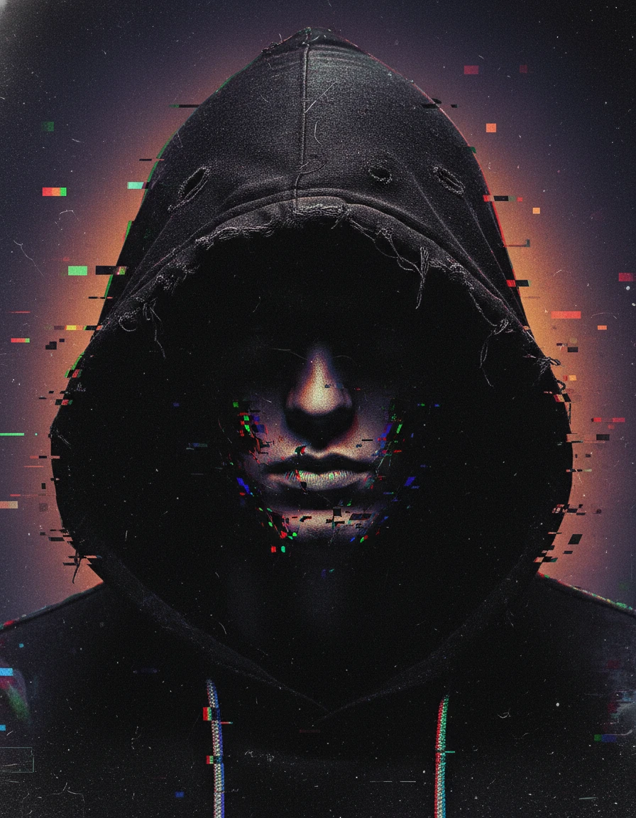 Figura encapuzada sem rosto em retrato digital com glitch em close-up