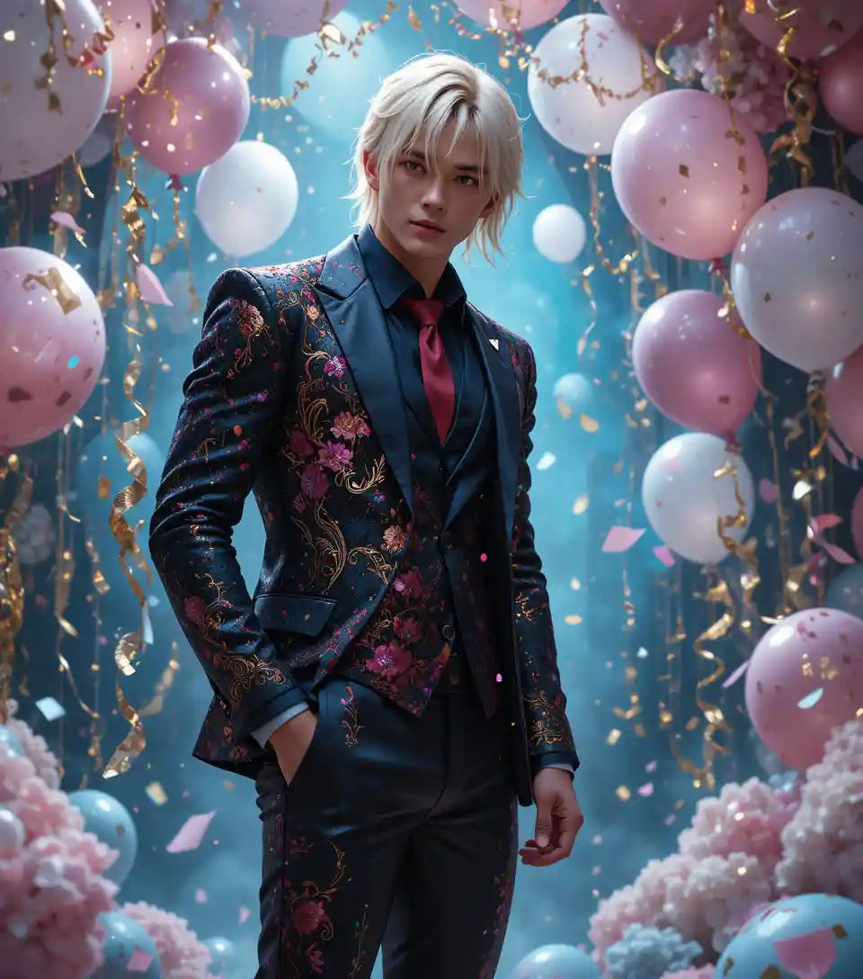 Jeune homme blond en costume à sequins lors d’une fête festive