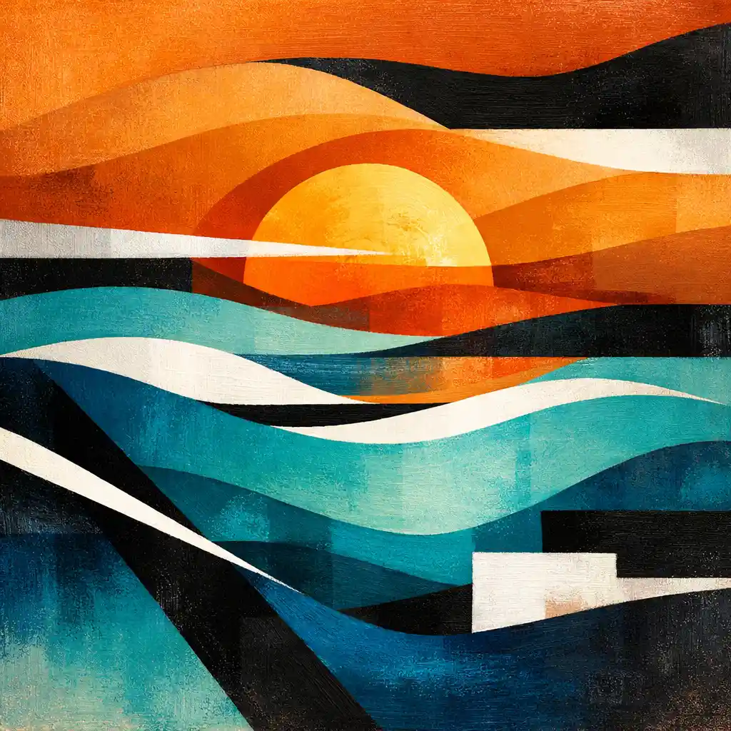 Pôr do sol de praia geométrico abstrato em tons de verde-azulado e laranja