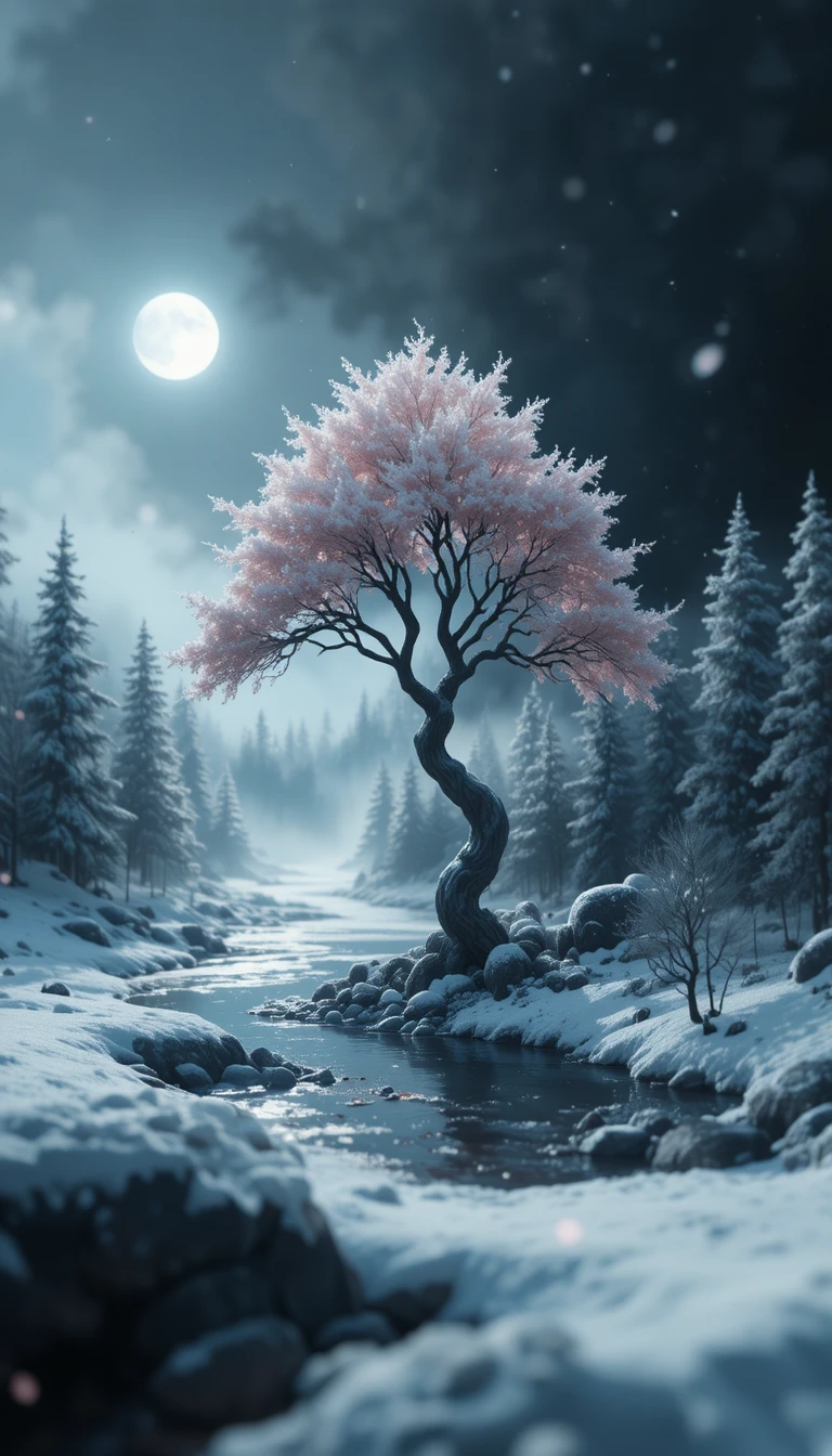 Fantasy close up of a tiny snowy tree under the moon