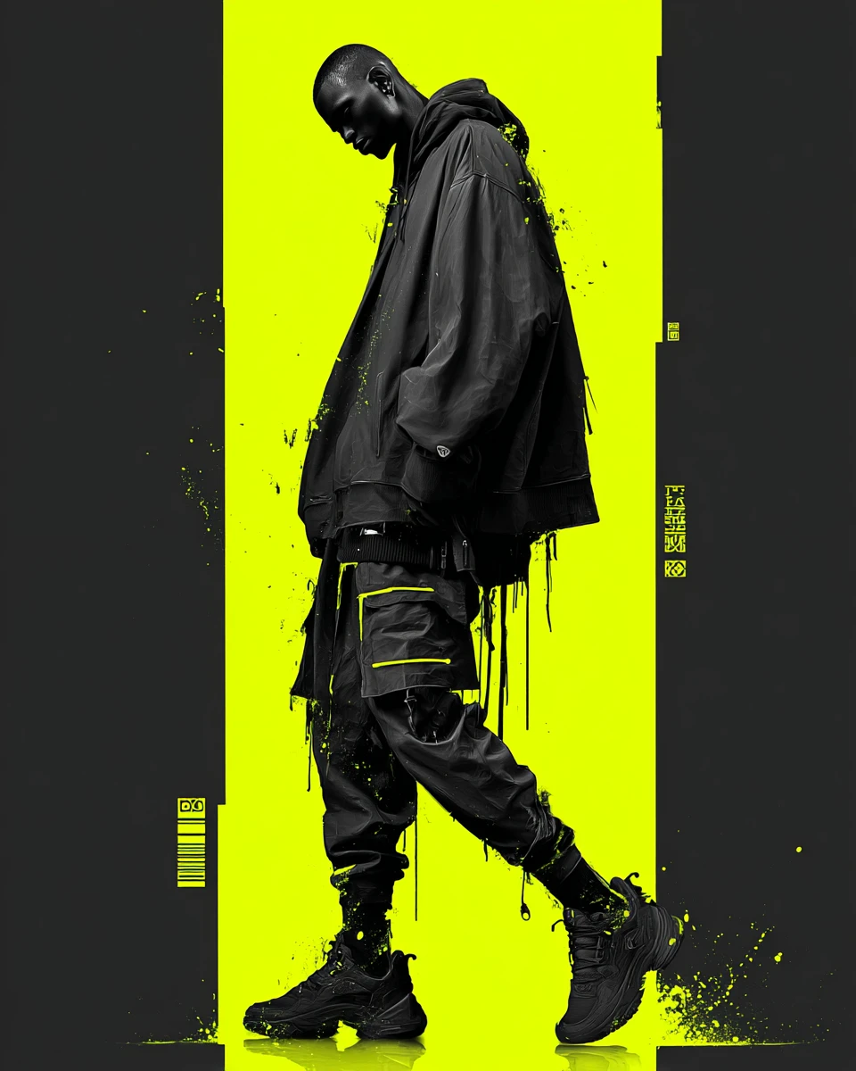 Bold human silhouette with neon yellow urban accents