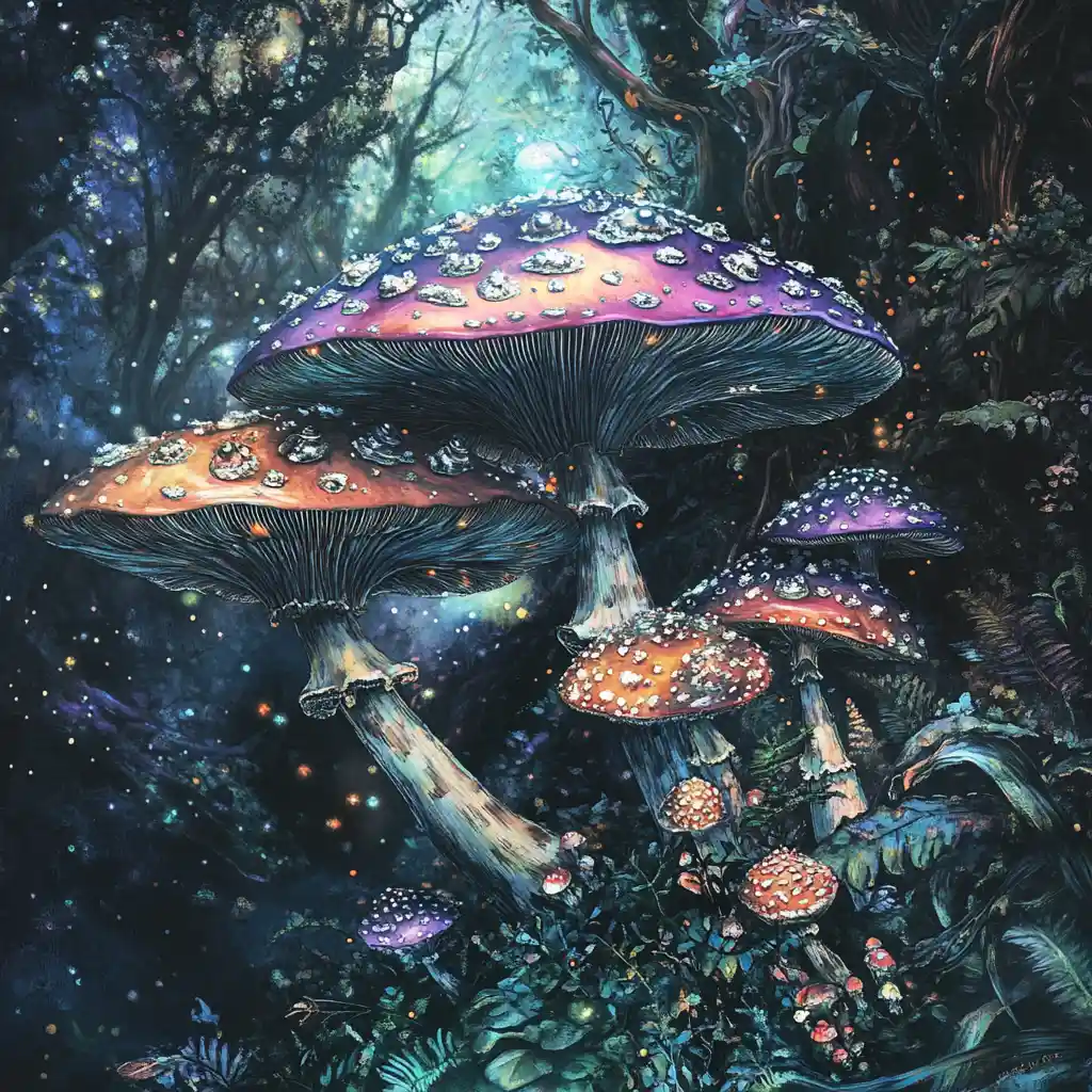 Bosque Surreal de Hongos Colosales y Coloridos con Manchas Plateadas