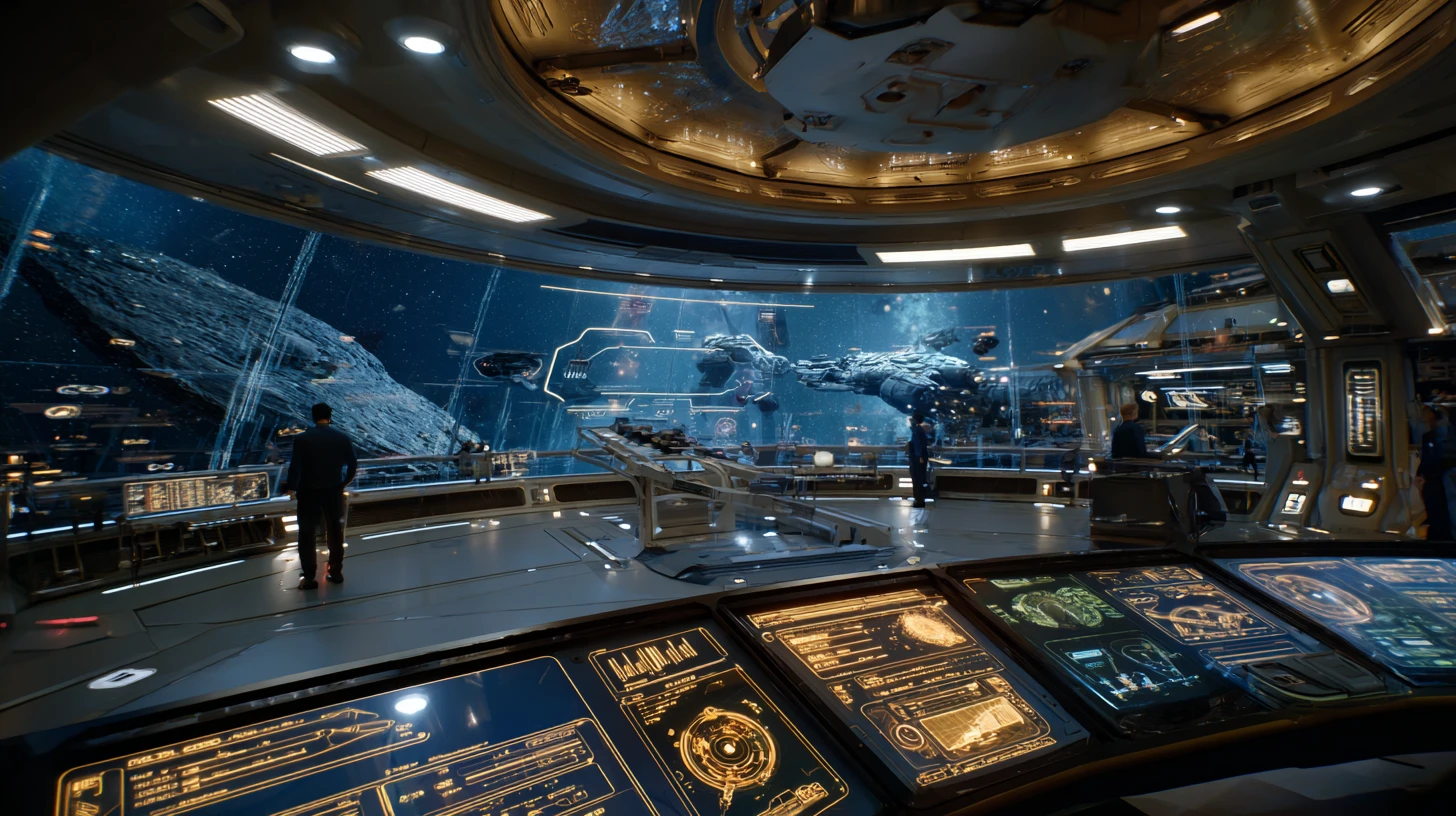 Passerelle de vaisseau spatial avec capitaine observant un vaisseau alien pris pour cible