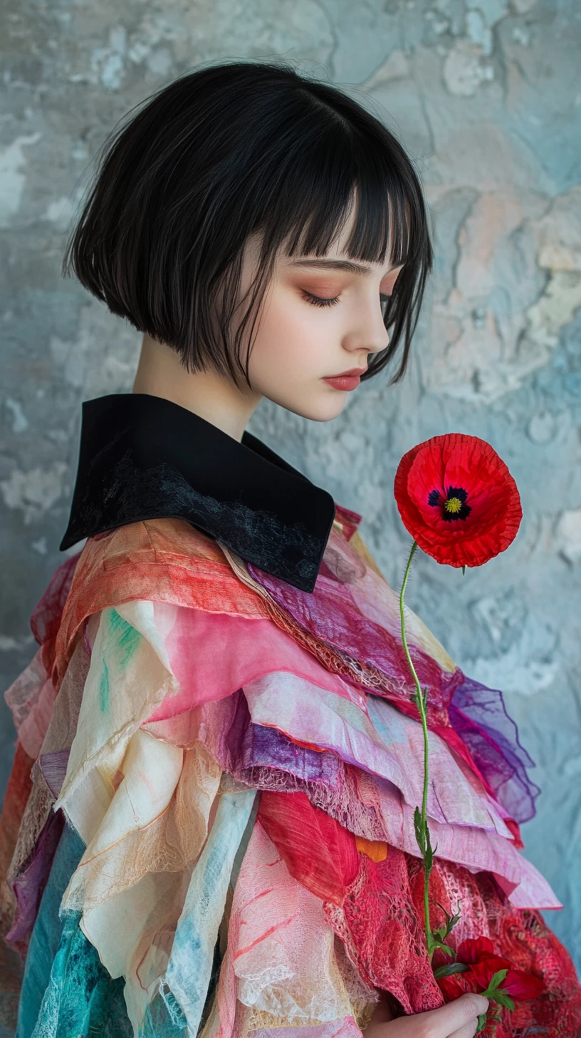 Young girl in pastel cape holding a red poppy