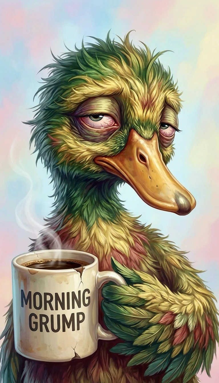 Ilustração de Pato Mal-Humorado e Desgrenhado Segurando uma Caneca de Café
