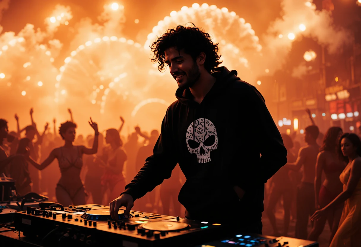 DJ spagnolo che si esibisce su una spiaggia di Dubai di notte
