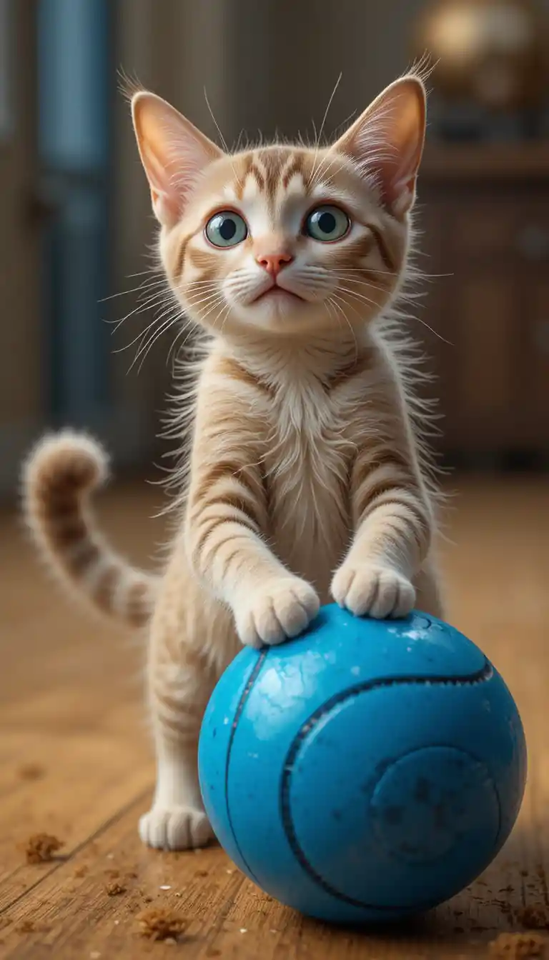 Gato brincalhão saltando em direção a uma bola azul em ambiente interno