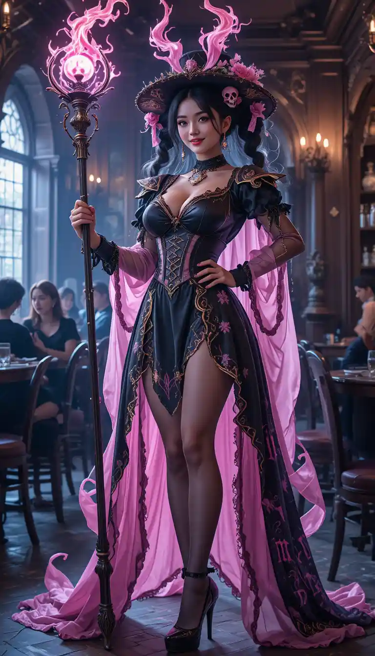 Korean sorceress in black and pink outfit casting magic