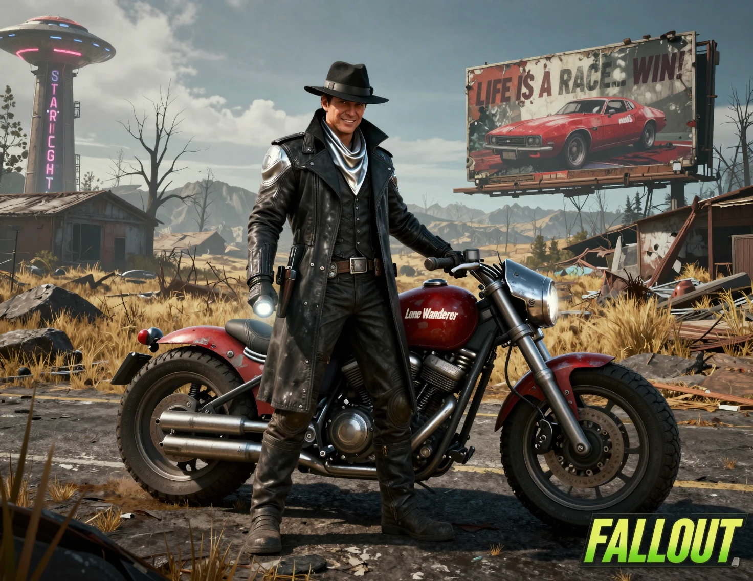 Detetive de ficção científica sorridente ao lado de motocicleta em wasteland arruinado