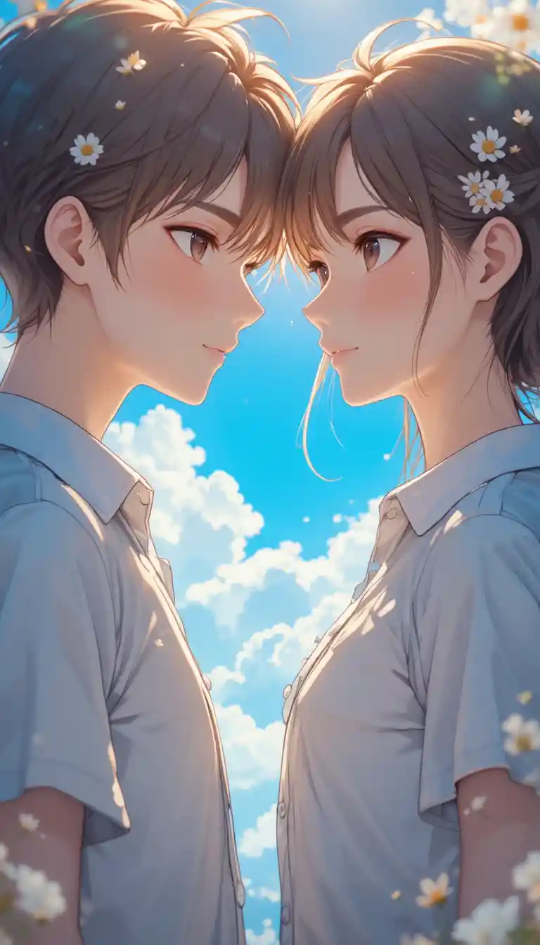 Anime couple close up under a bright summer sky