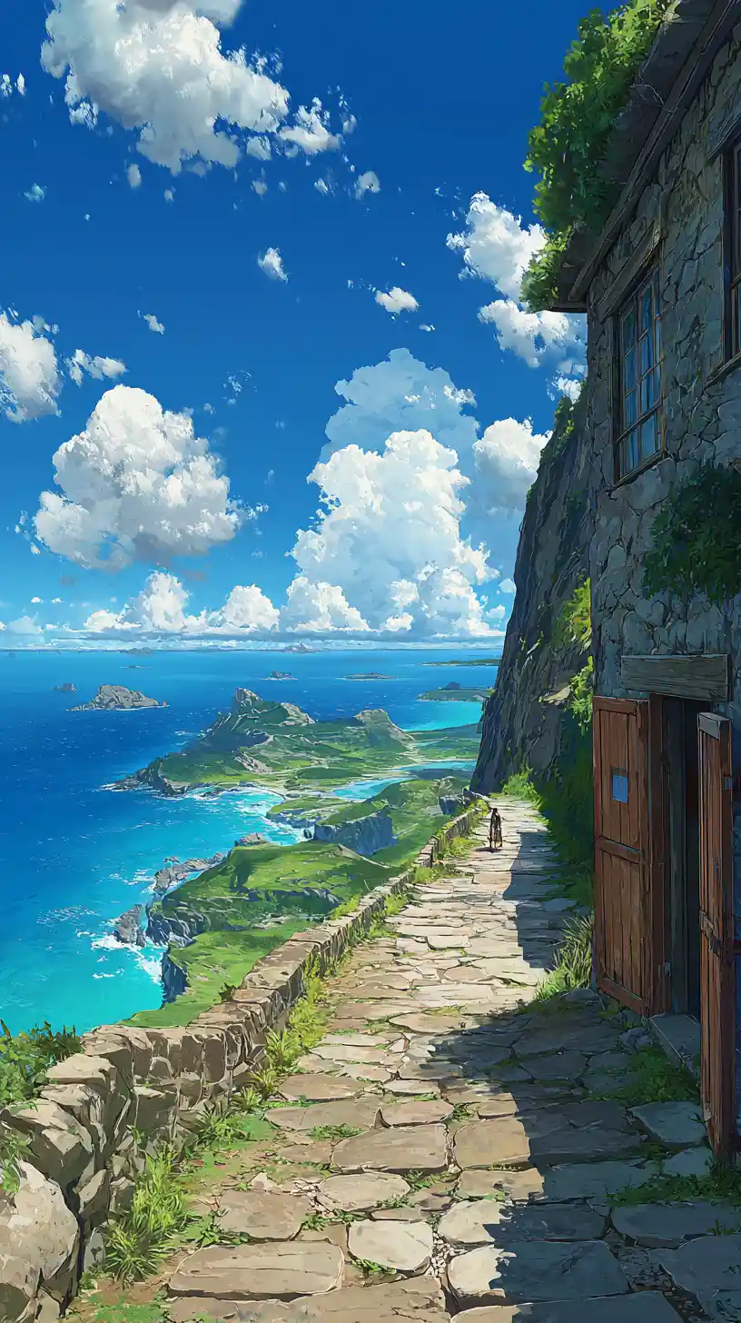 Stone path along a seaside cliff under vivid blue sky