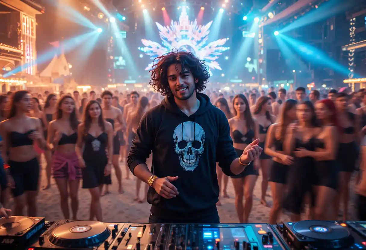 Spanischer DJ tanzt mit der Menge an einem Strand in Dubai