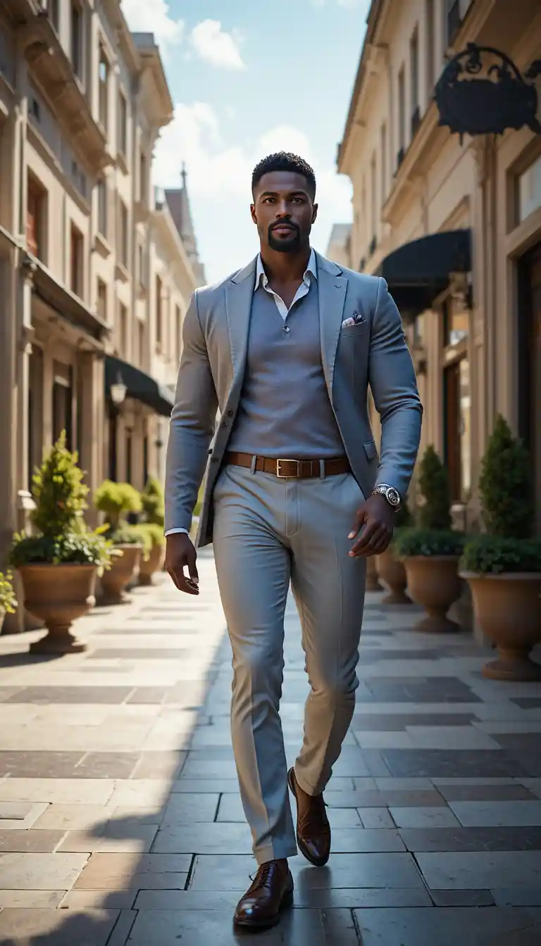Hombre seguro y elegante caminando por una lujosa calle bañada por el sol