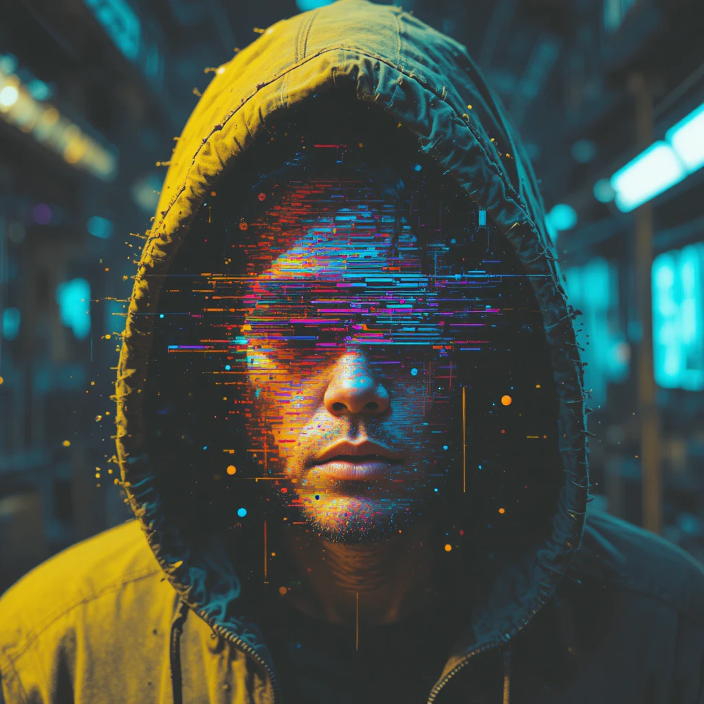 Primo piano distorto da glitch di una figura incappucciata nel buio