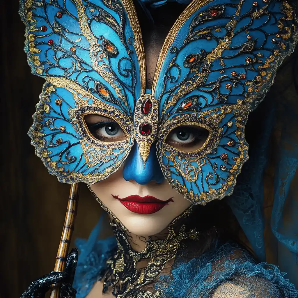 Masked woman in ornate blue butterfly carnival mask