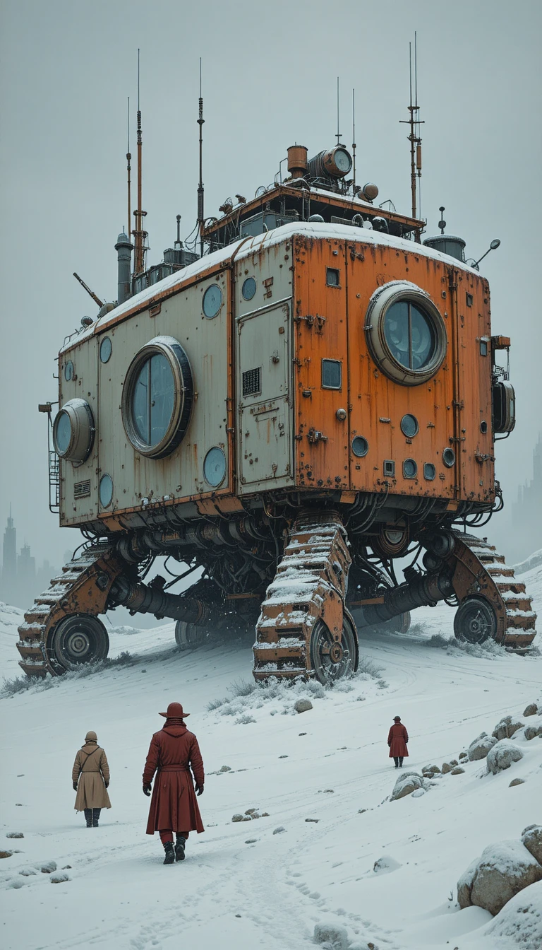 Struttura Mobile Steampunk su Paesaggio Sci-Fi innevato