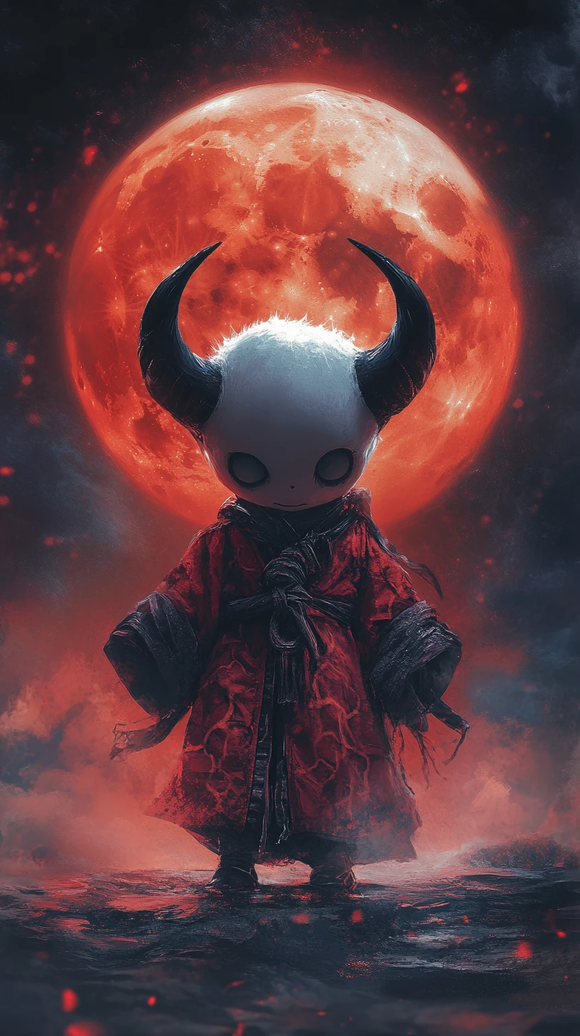Demônio chibi feroz flutuando sob uma lua vermelha brilhante