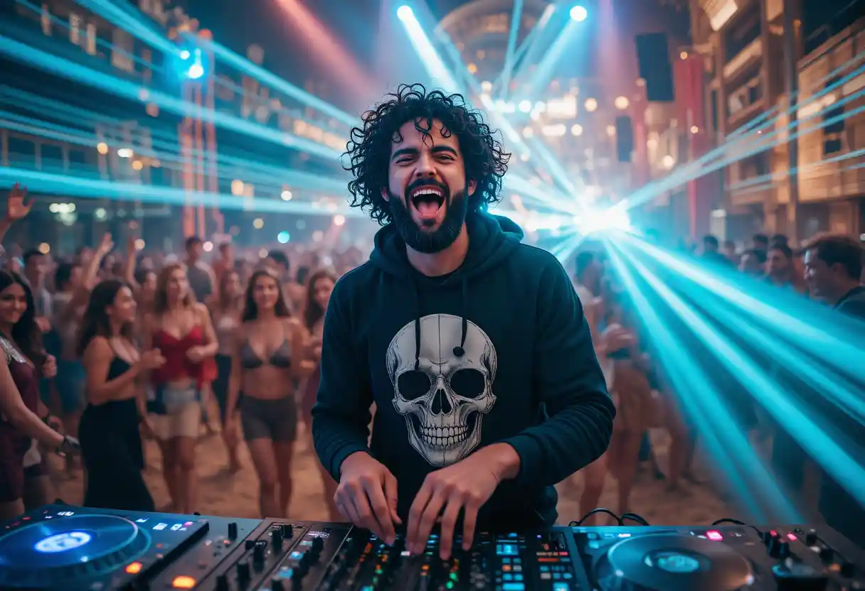 DJ español actuando en un vibrante escenario de playa en Dubái