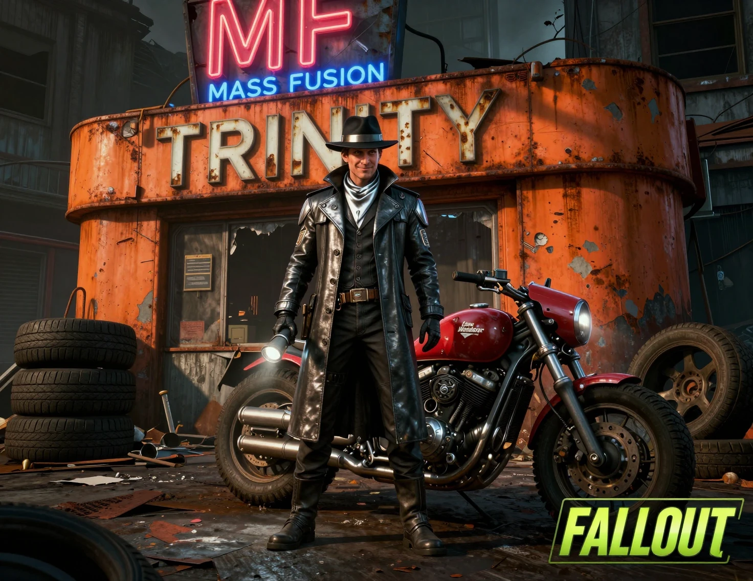 Sci fi detective beside motorcycle in ruined city street