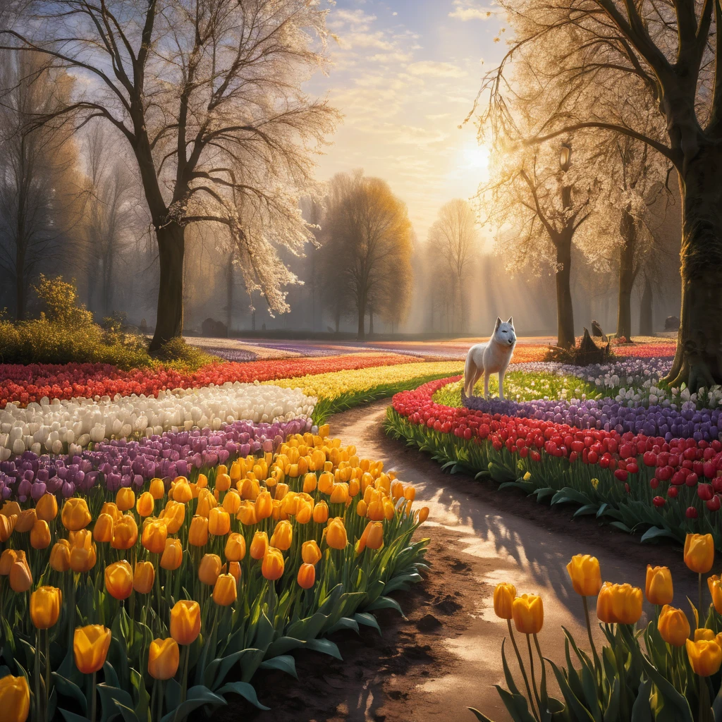 Silver wolf in tulip meadow at golden hour