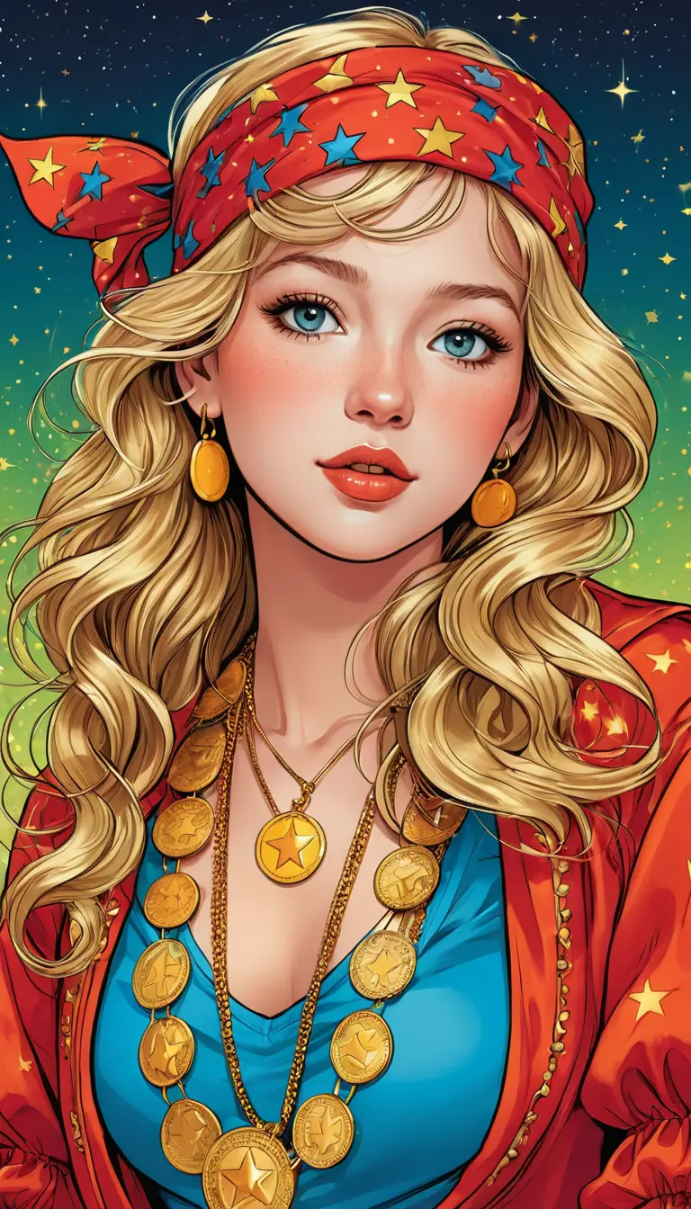 Blondes Mädchen mit rotem Bandana vor goldenem Münzhintergrund