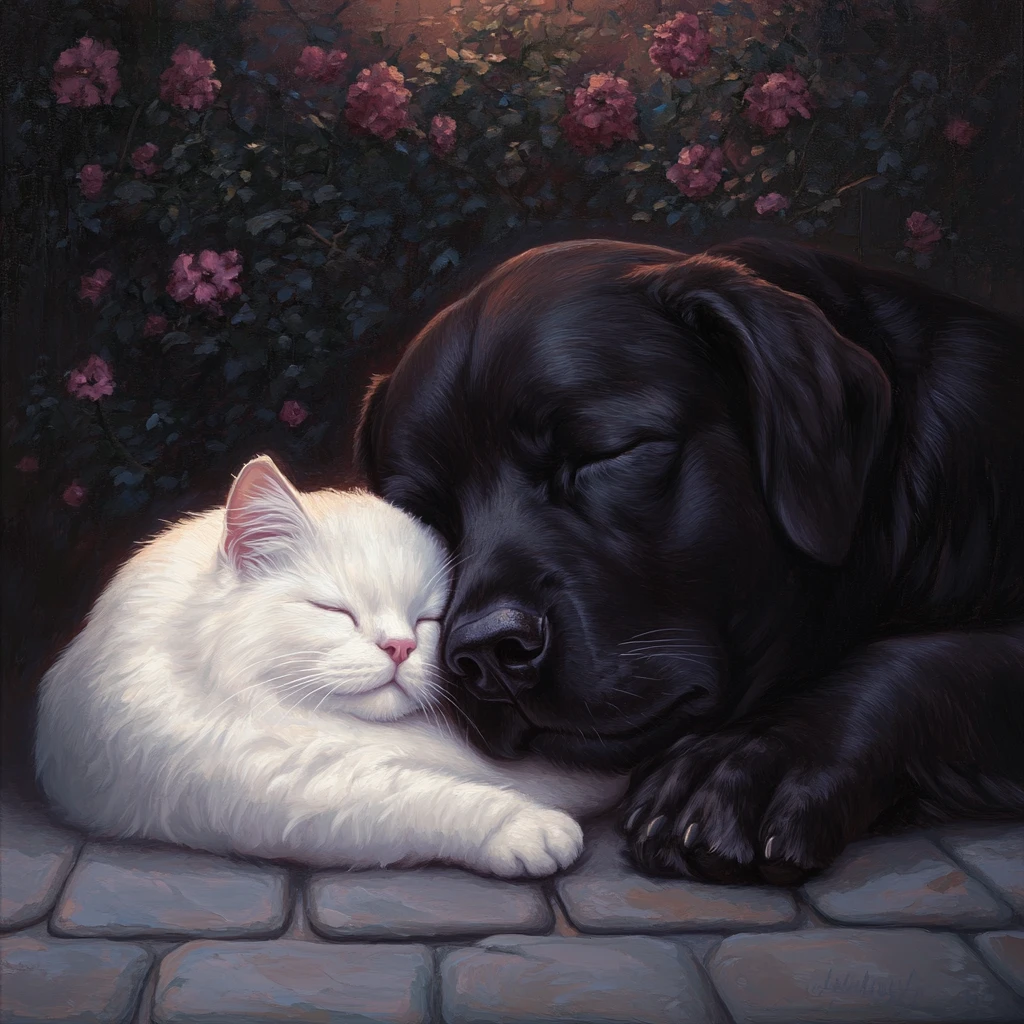 Black labrador cuddling a sleeping white cat on a terrace