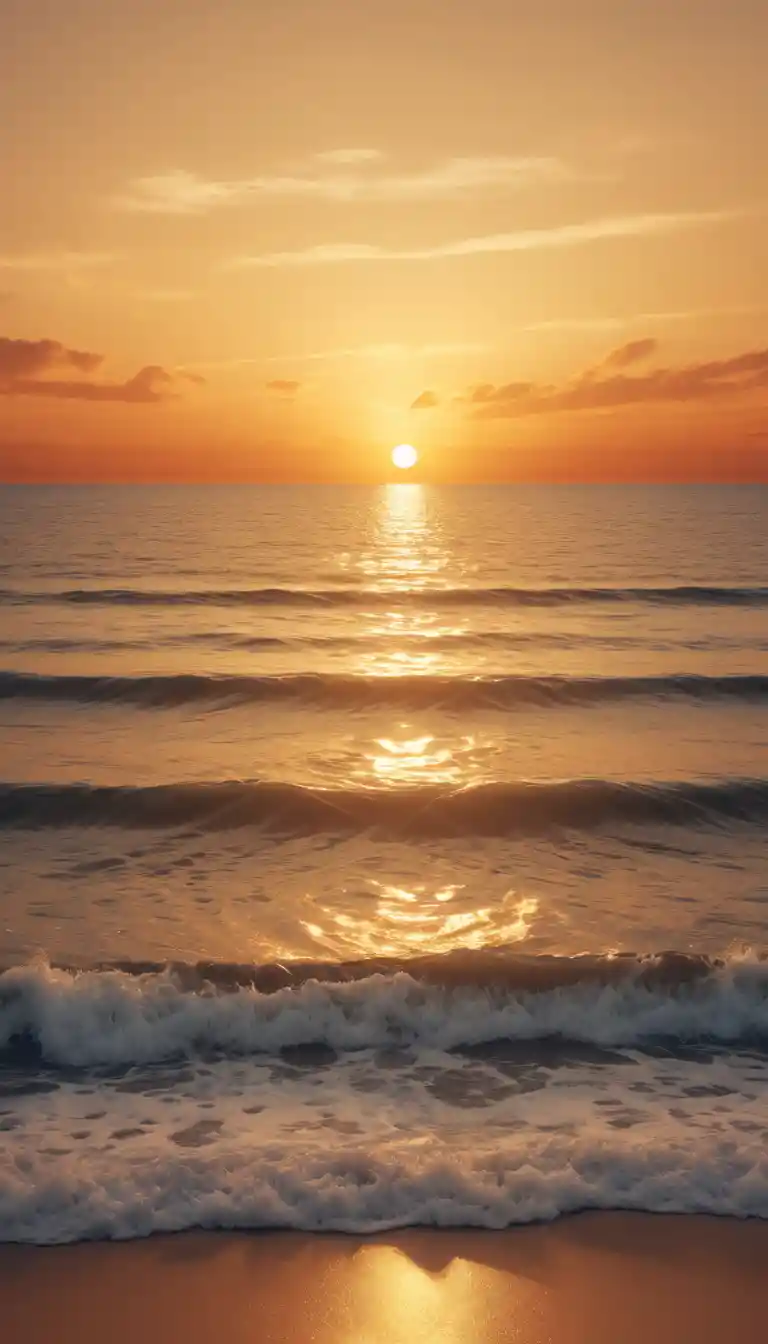 Pôr do sol dourado sobre mar calmo com ondas suaves