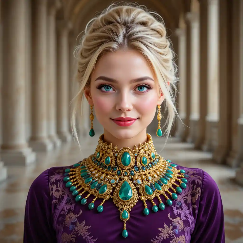 Retrato de mujer rubia sonriente con collar de oro y esmeralda