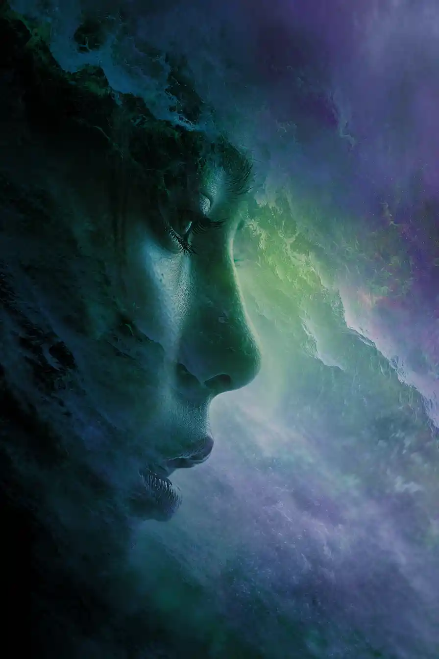 Doppia esposizione mistica di una donna serena e colori vorticosi