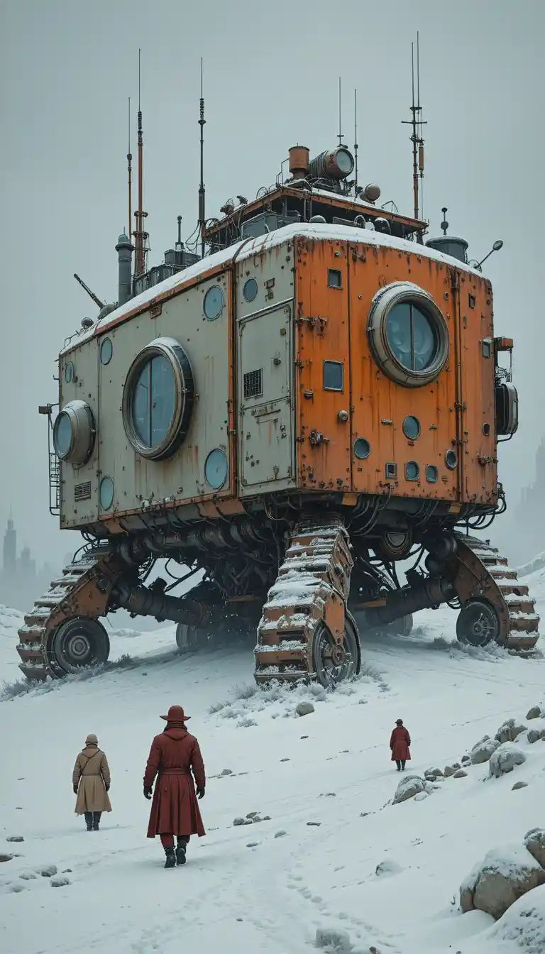 Steampunk Mobile Structure On Snowy Sci Fi Landscape