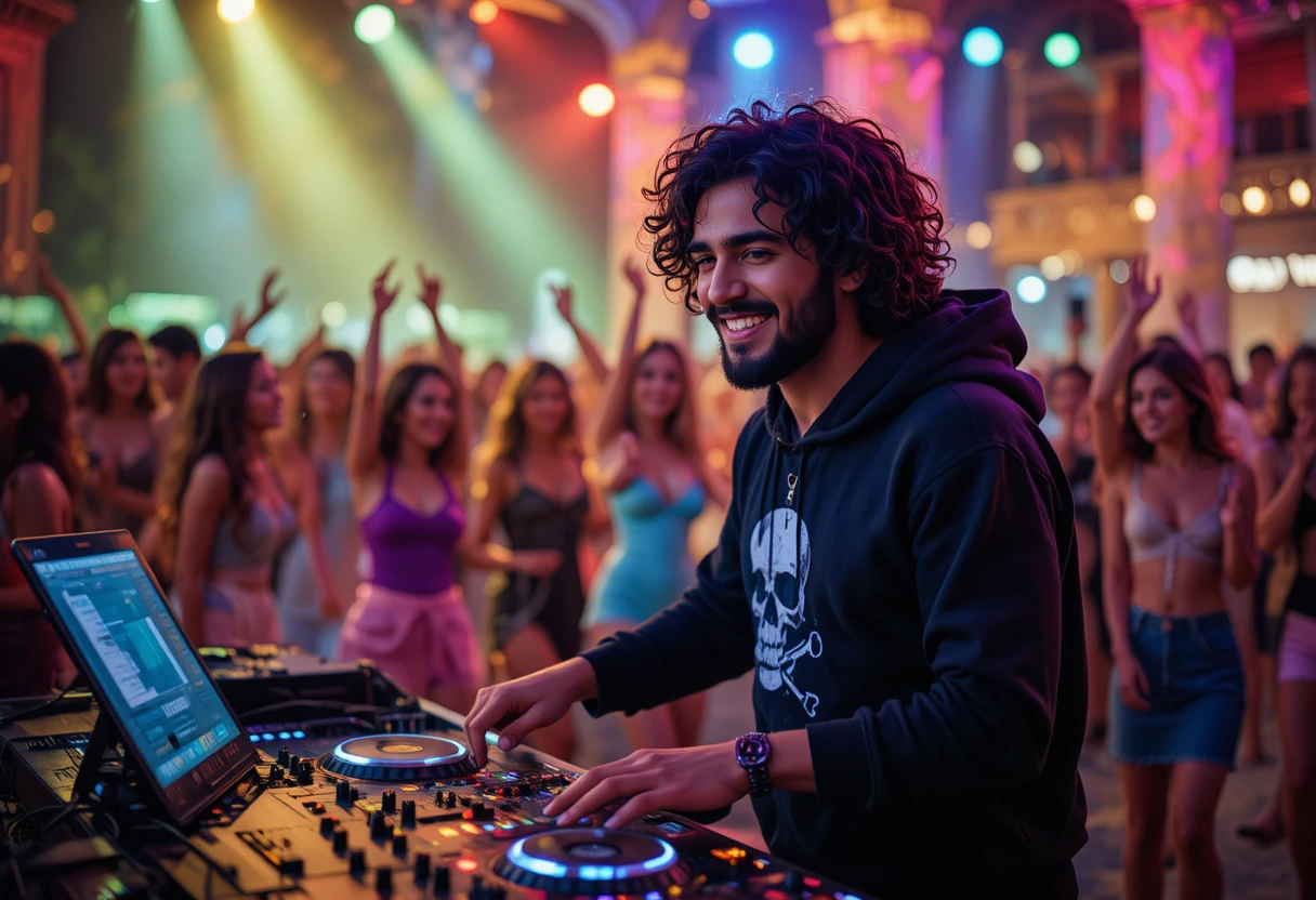 DJ spagnolo che balla sulla spiaggia di Dubai con una folla danzante