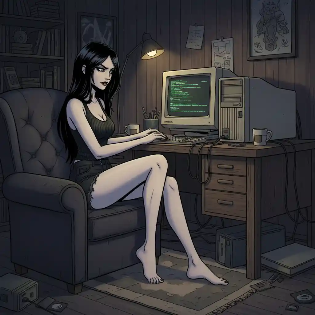 Mujer descalza hackeando en un terminal de computadora retro
