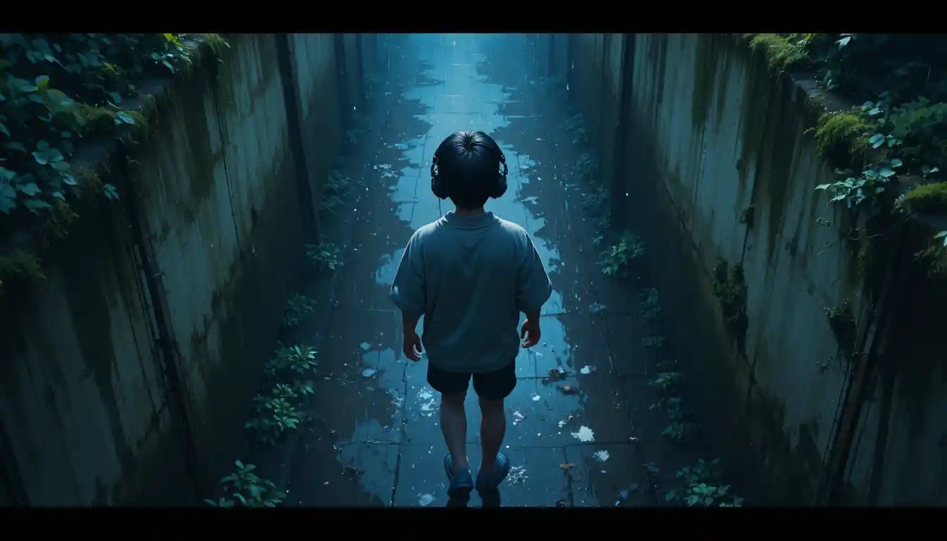Lonely Boy Walking Through A Rainy Urban Alley