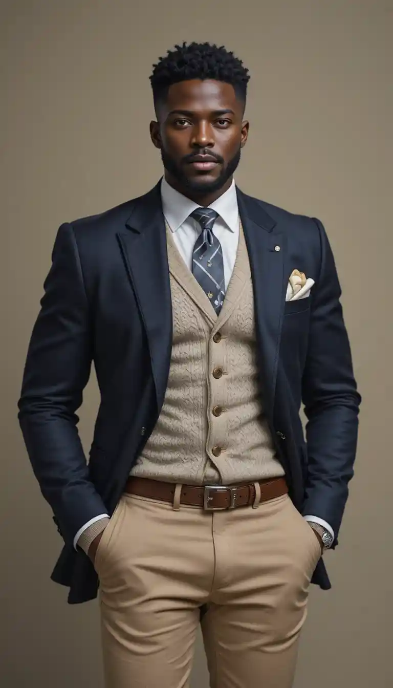 Majestic dark skinned king in refined old money attire