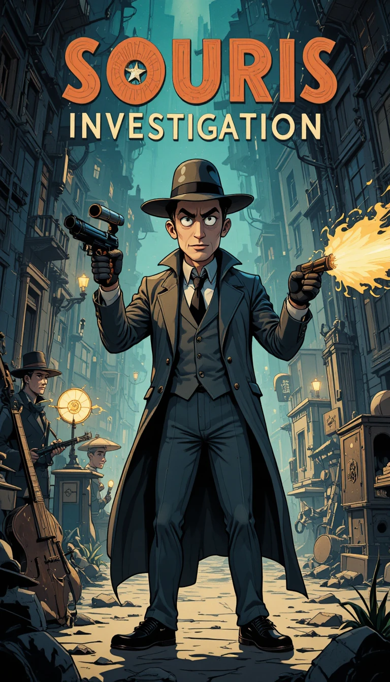 Cartoon detective in a jazzy city street gunfight scene