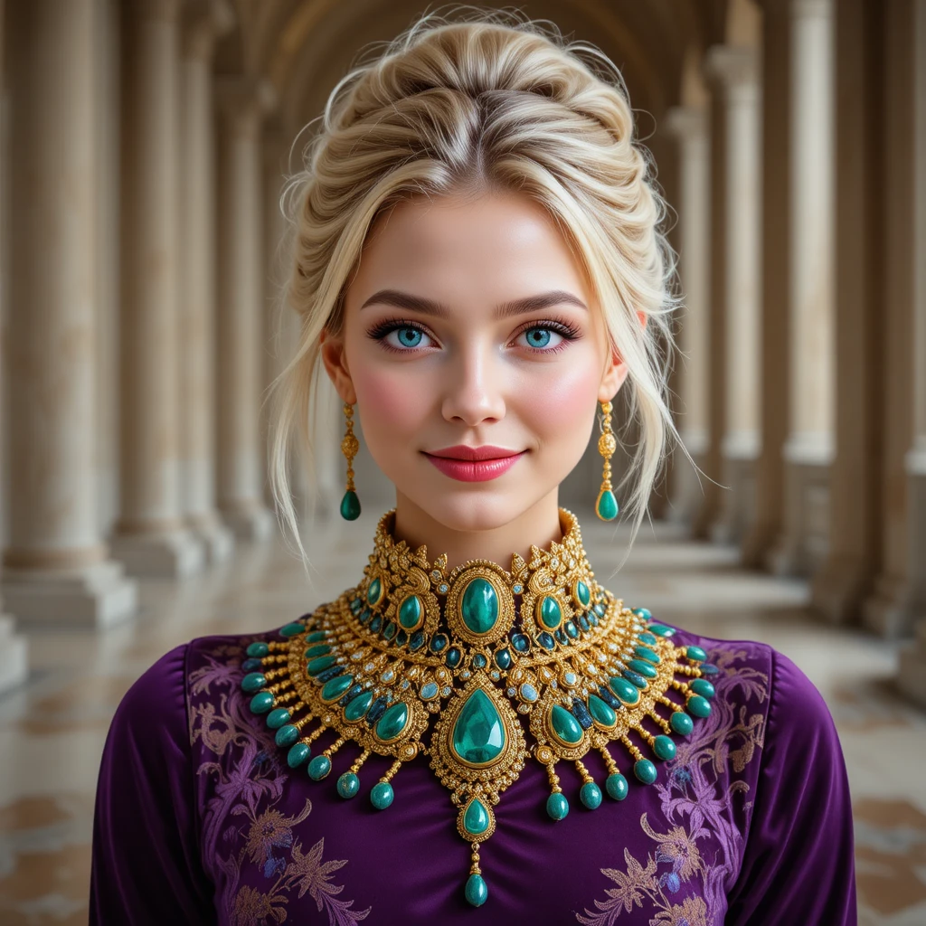 Smiling blonde woman in gold emerald necklace portrait