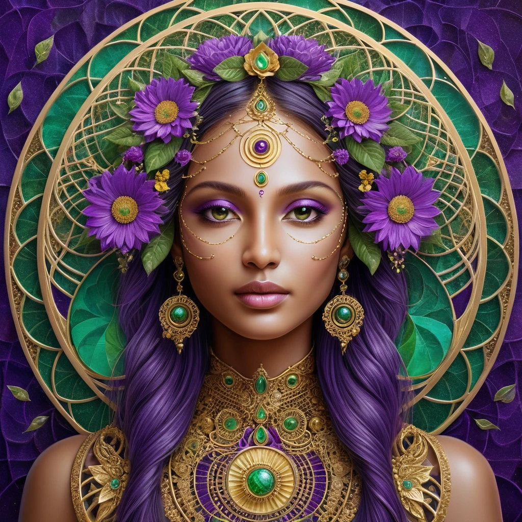 Mulher mística com aura floral em harmonia dourada
