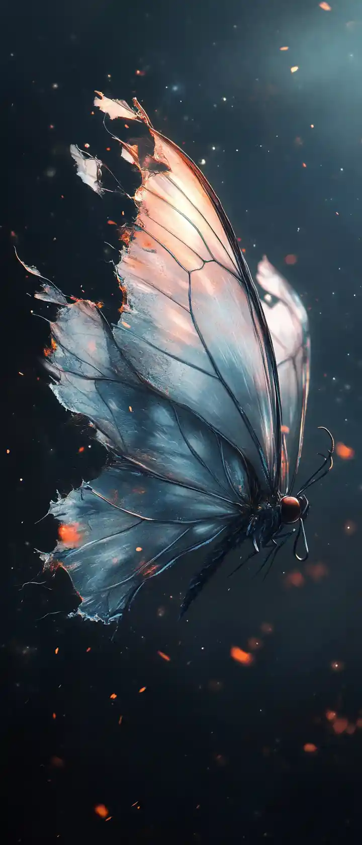 Tattered translucent butterfly rising in a surreal night sky