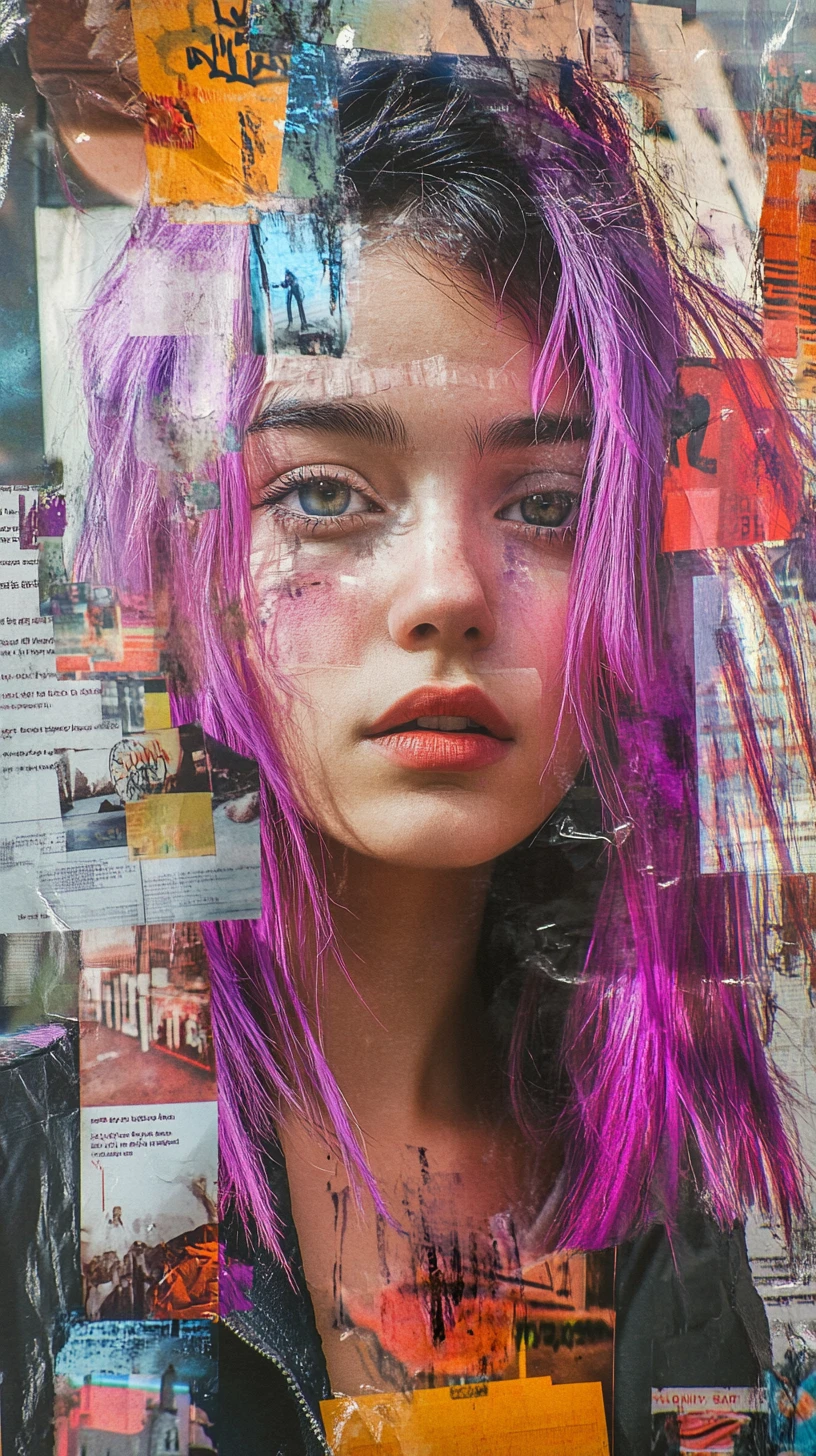 Young woman with lilac hair framed by urban poster collage