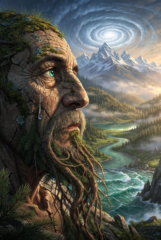 Surreal Elderly Man Portrait Formed From Mountain Landscape