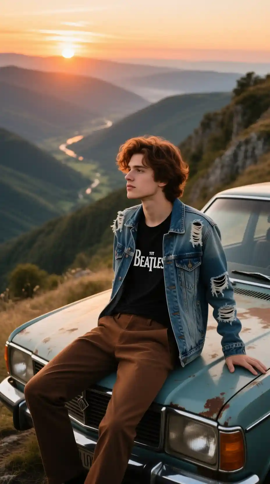 Young man on car hood watching sunset over valley