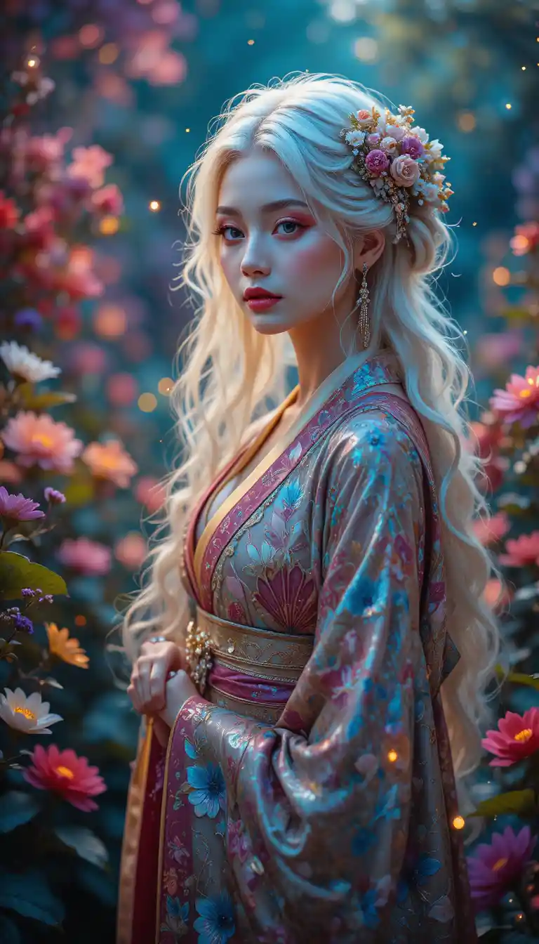 White haired woman in kimono in a twilit fantasy garden