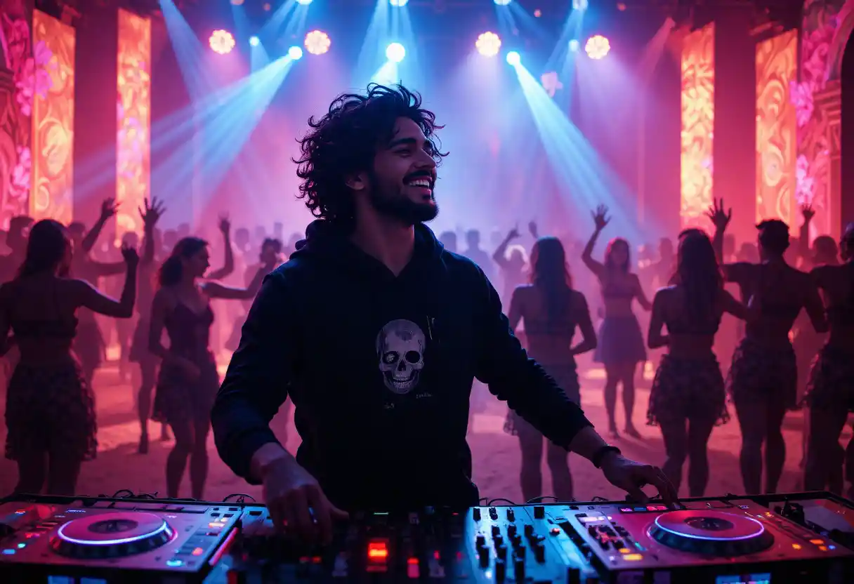 DJ spagnolo che balla con la folla su una spiaggia di Dubai
