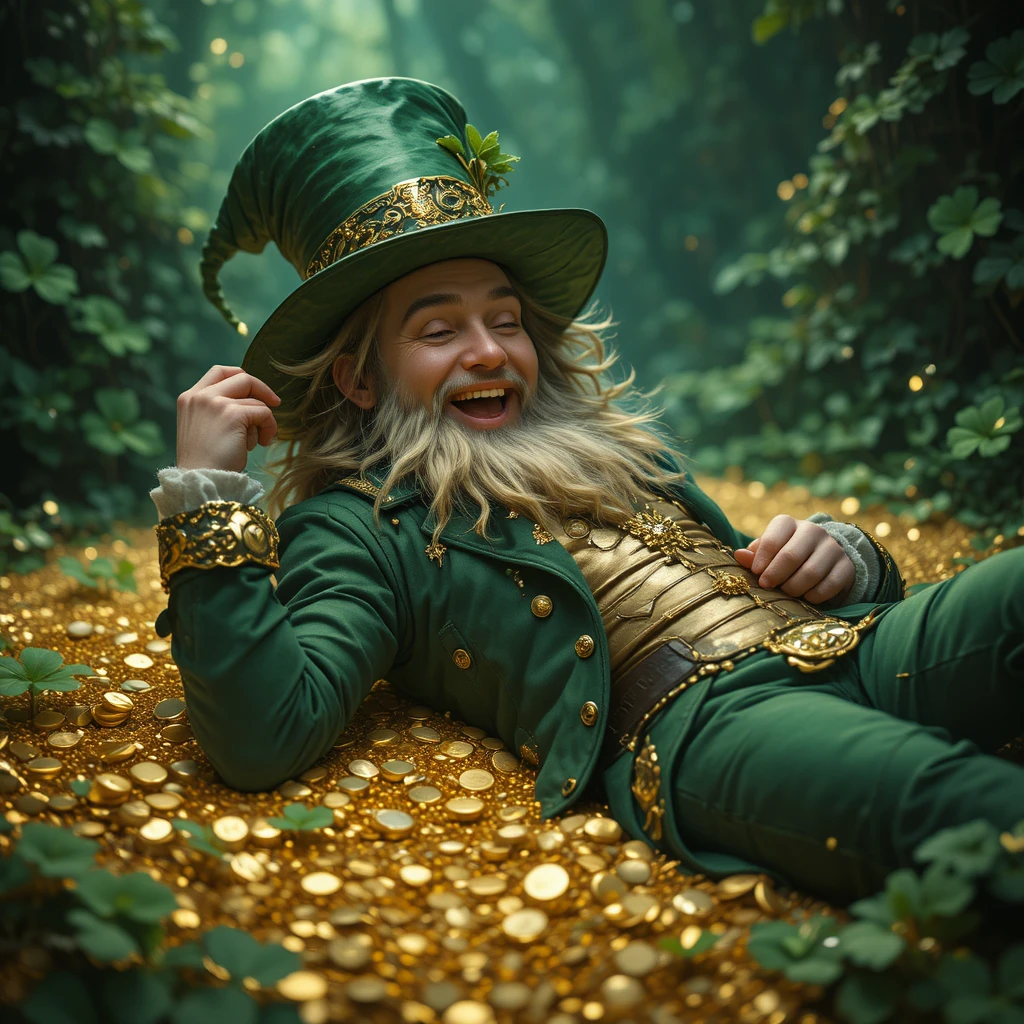 Leprecauno gioioso sdraiato su una scintillante pila d’oro