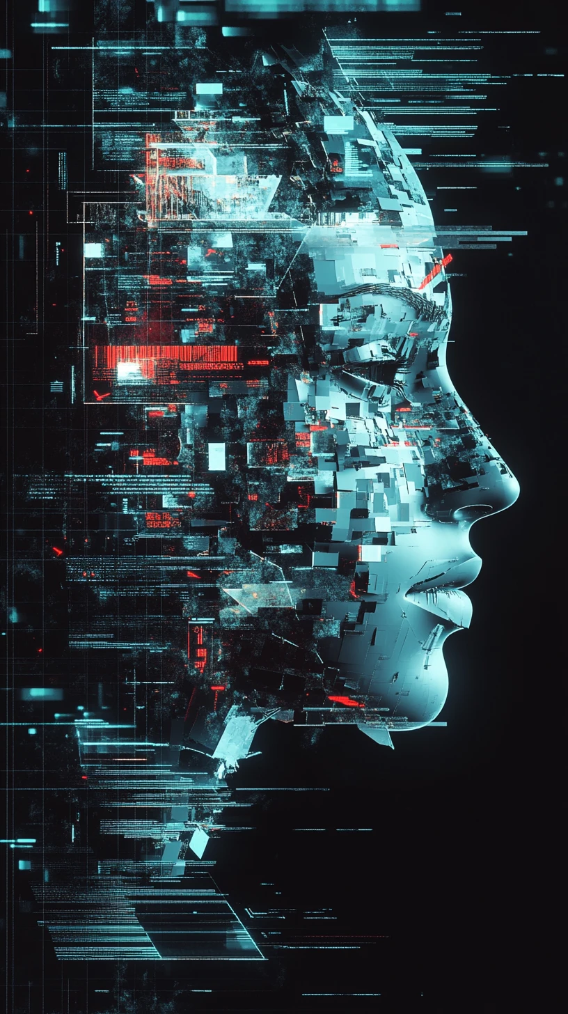 Fragmentiertes digitales Gesicht, das aus dunklem, störungsbehaftetem Raum auftaucht
