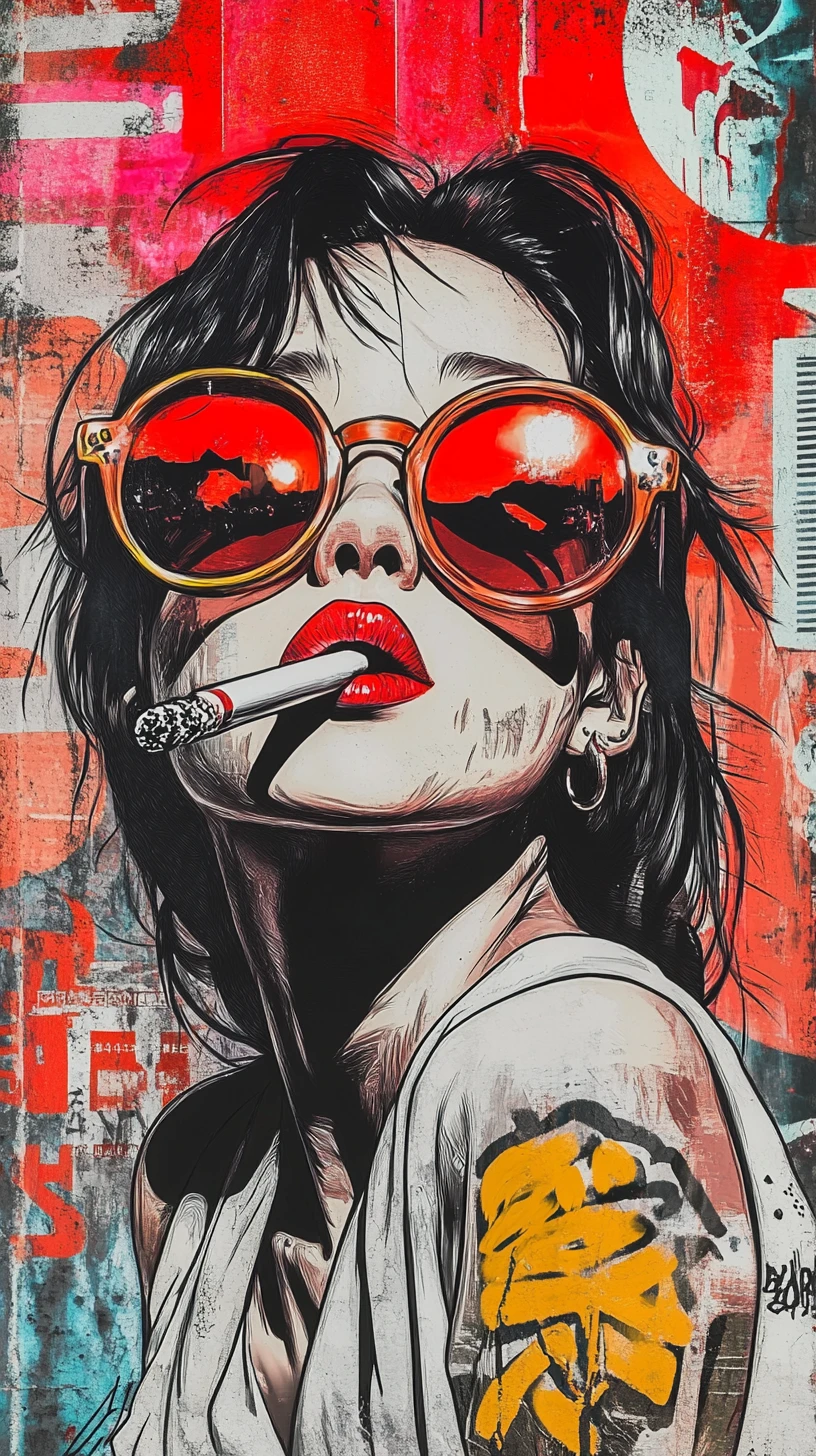 Rebellious woman with cigarette against bold graffiti wall