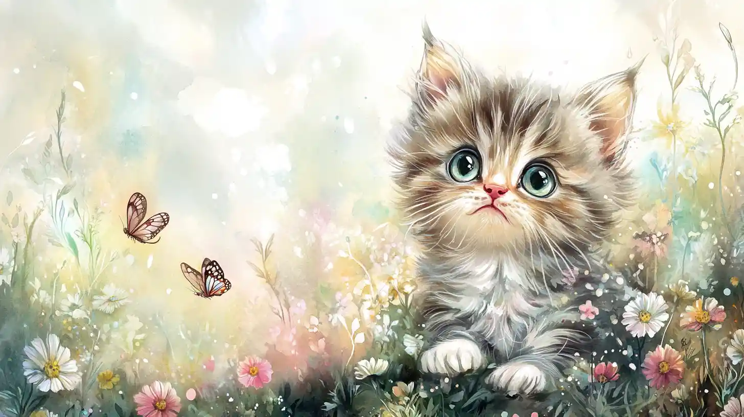 Gattino paffuto ad acquerello in un prato soleggiato di fiori selvatici