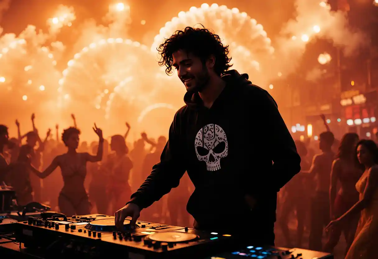 DJ spagnolo che si esibisce su una spiaggia di Dubai di notte